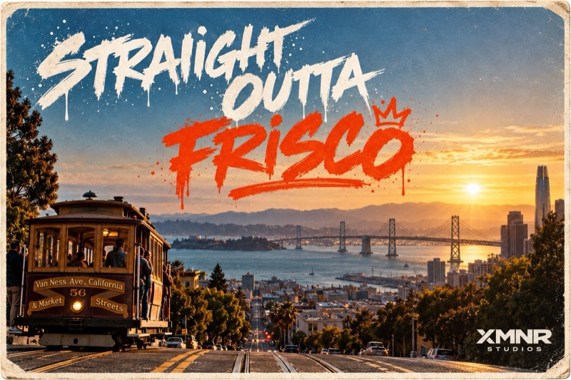 Postcard “Straight Outta Frisco”: a cable car climbing the hill, the Bay Bridge and the sunset behind it.